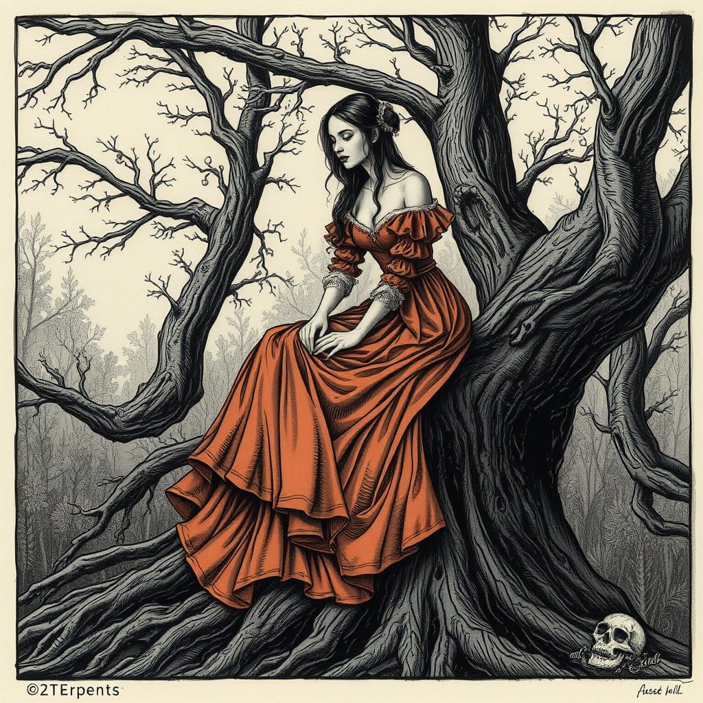 Renaissance Woman in Baroque Setting, Etching Style