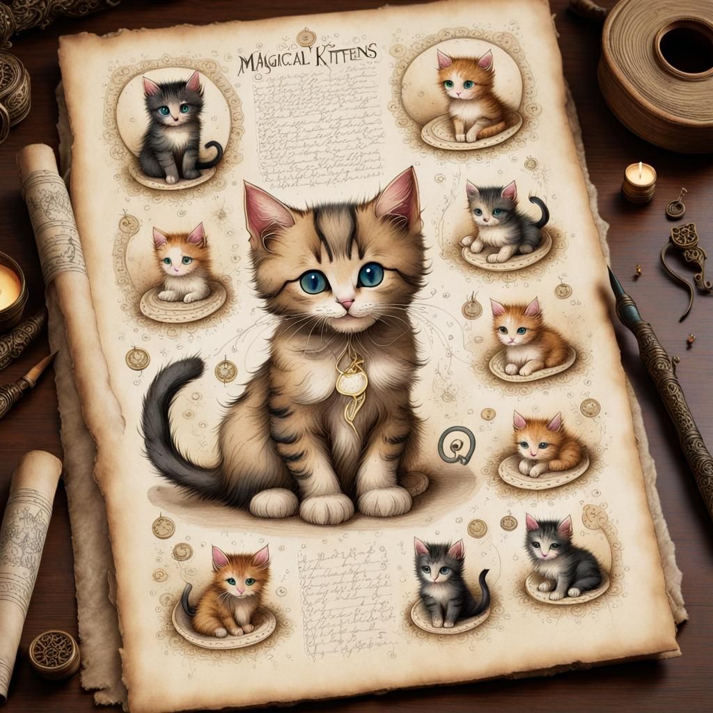 Magical Kitten Care Guide on Weathered Parchment