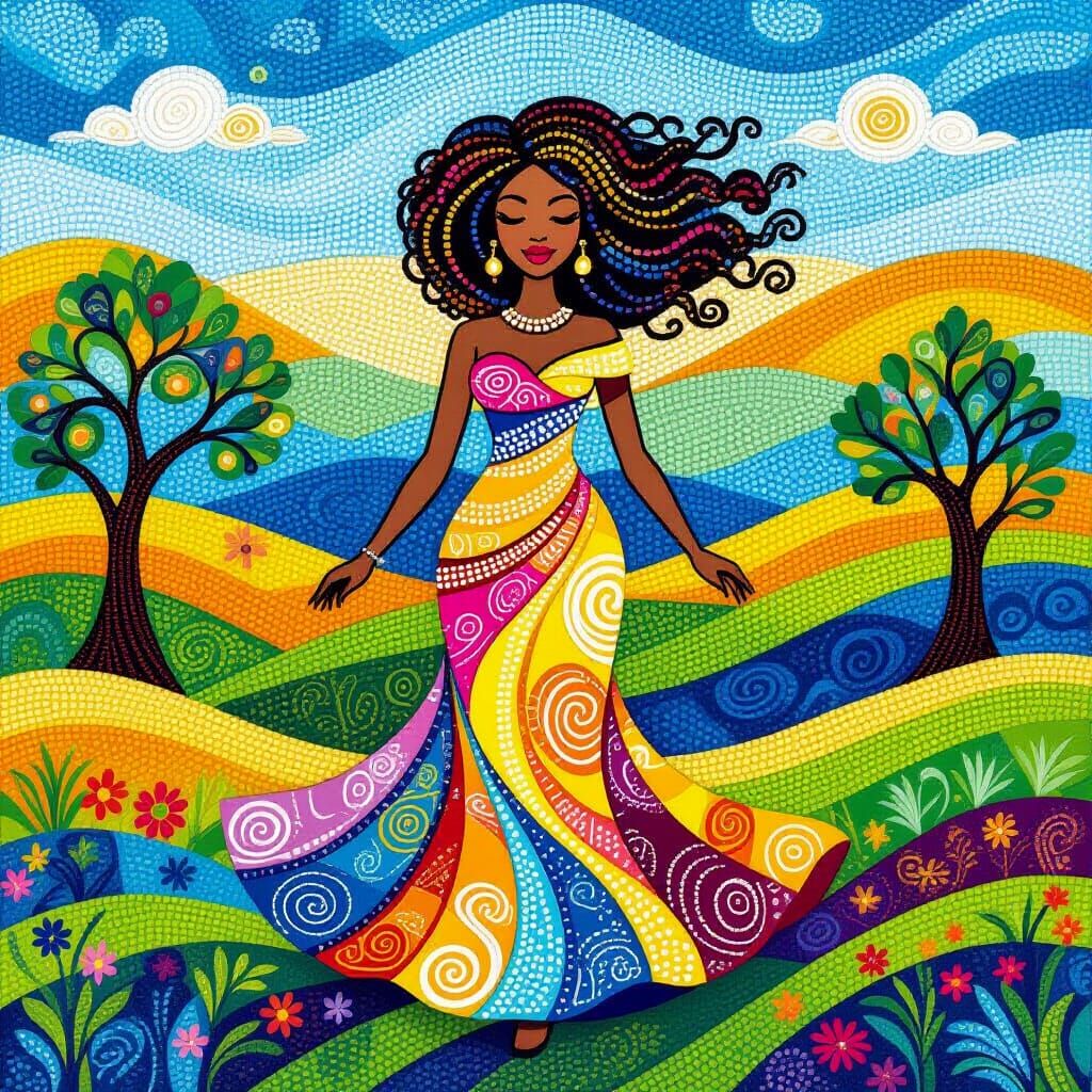 Beadwork African Woman in Swirling Landscape