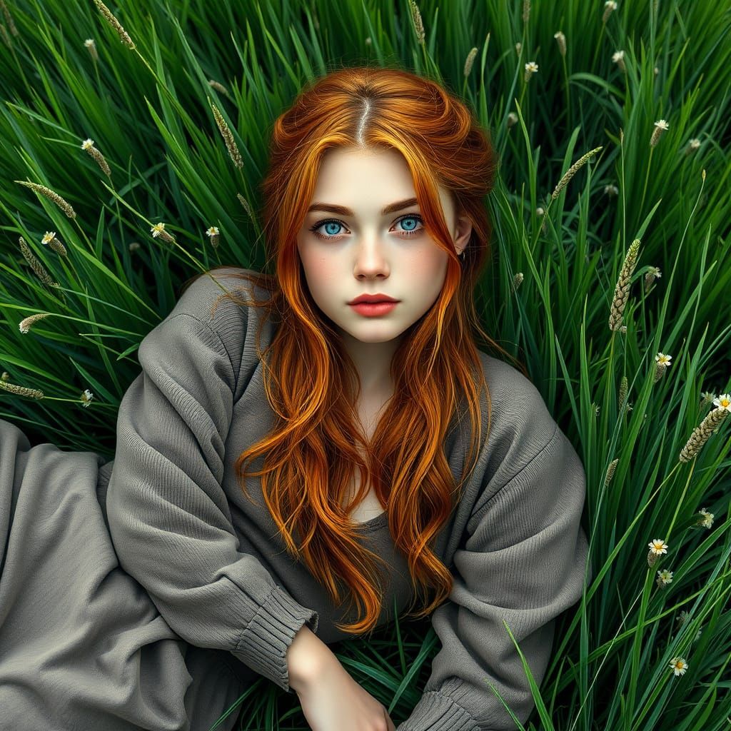 Hyperrealistic Portrait of Redhead in Meadow as Digital Art