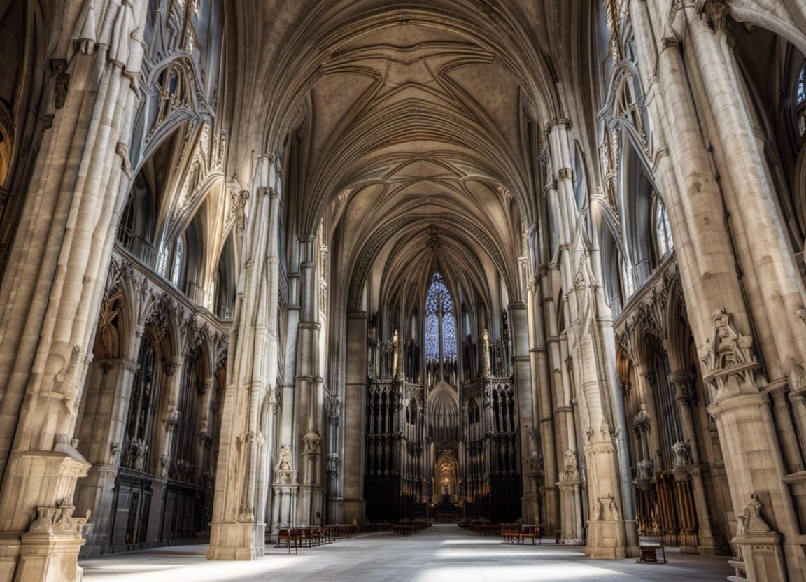 Gothic church, grand cathedral, intricate stained-glass wind...