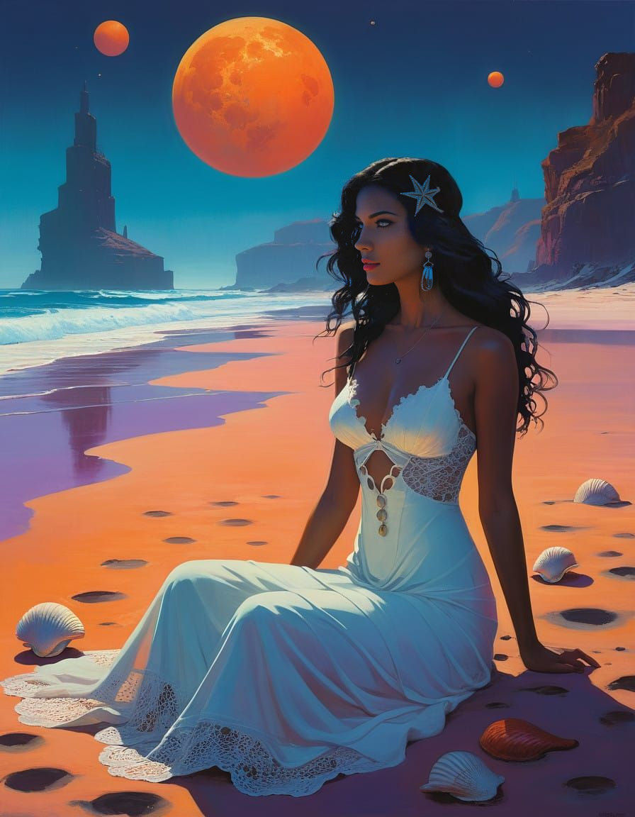 Glowing Beach Scene in Vibrant Triadic Colors