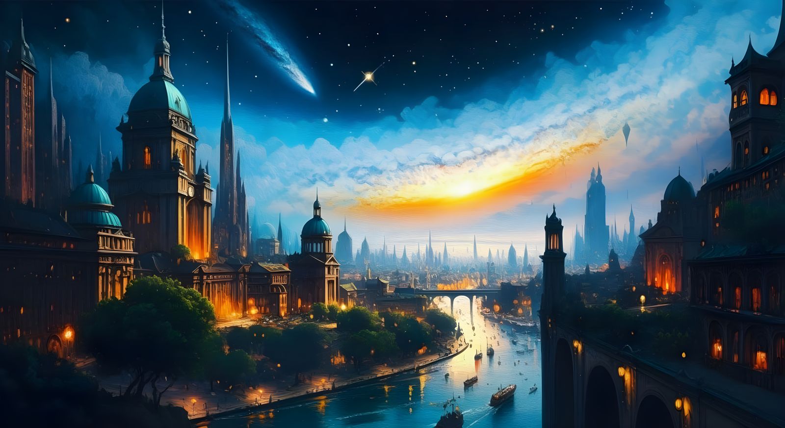 Cityscape Under Distant Galaxy in Impressionist Gouache