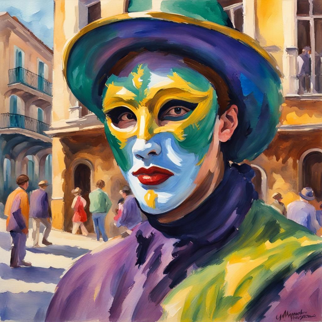 Mardi Gras Mask in French Square, Gouache Watercolor Style