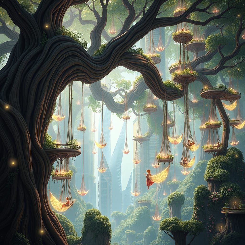 Surreal Futuristic Tree Metropolis in Whimsical Architectura...