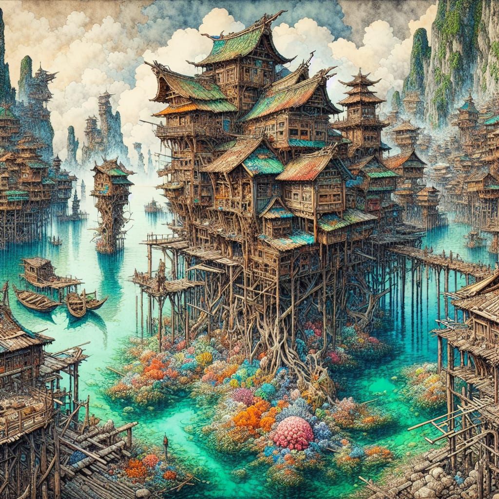 Fishing Village on Stilts in Crystal Lagoon