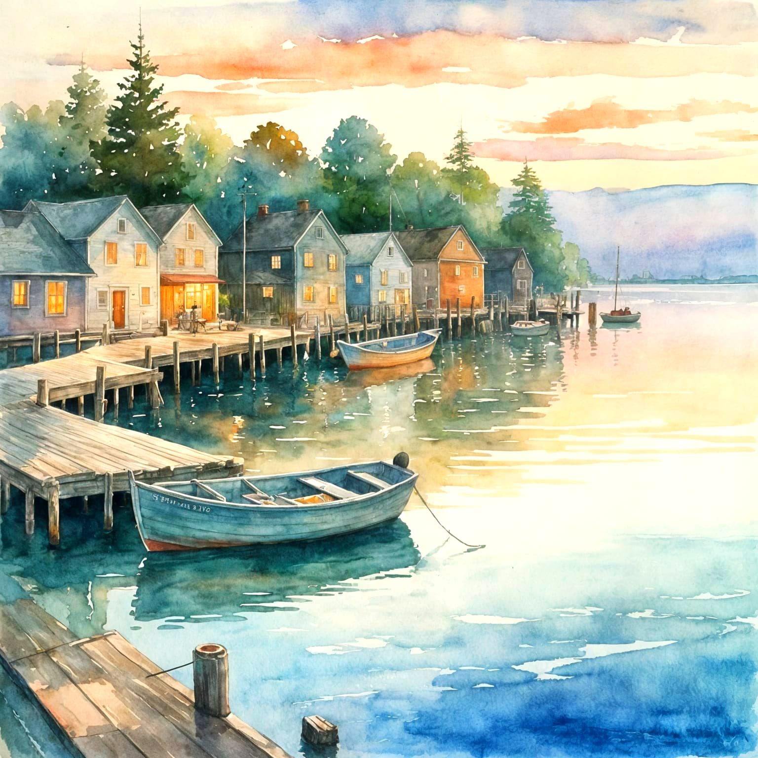 Tranquil Seaside Village at Dawn Watercolor Painting