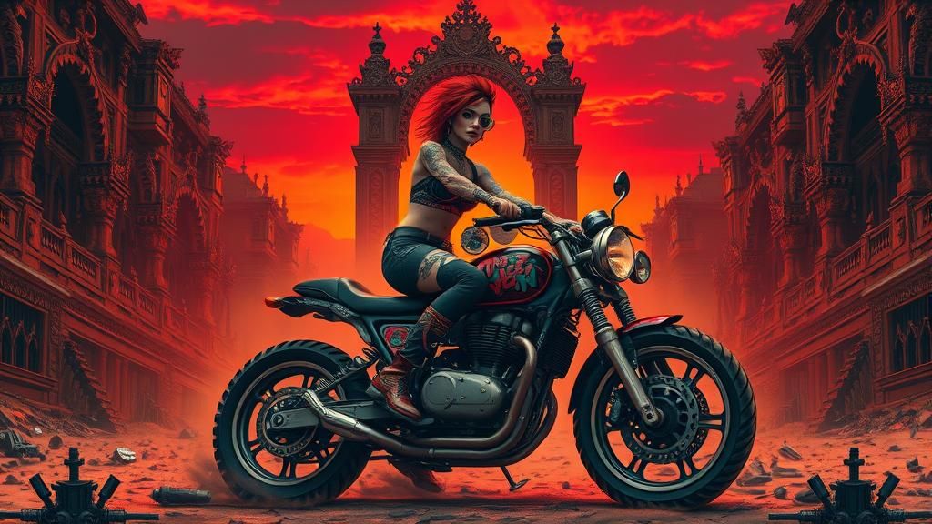 Punk Rocker Rides Steampunk Motorcycle at Sunset