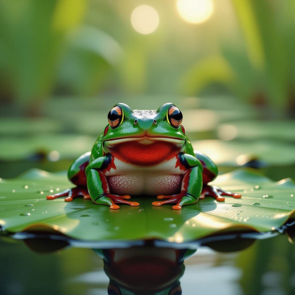 Ruby-Bellied Frog on Lily Pad in Dreamlike Style
