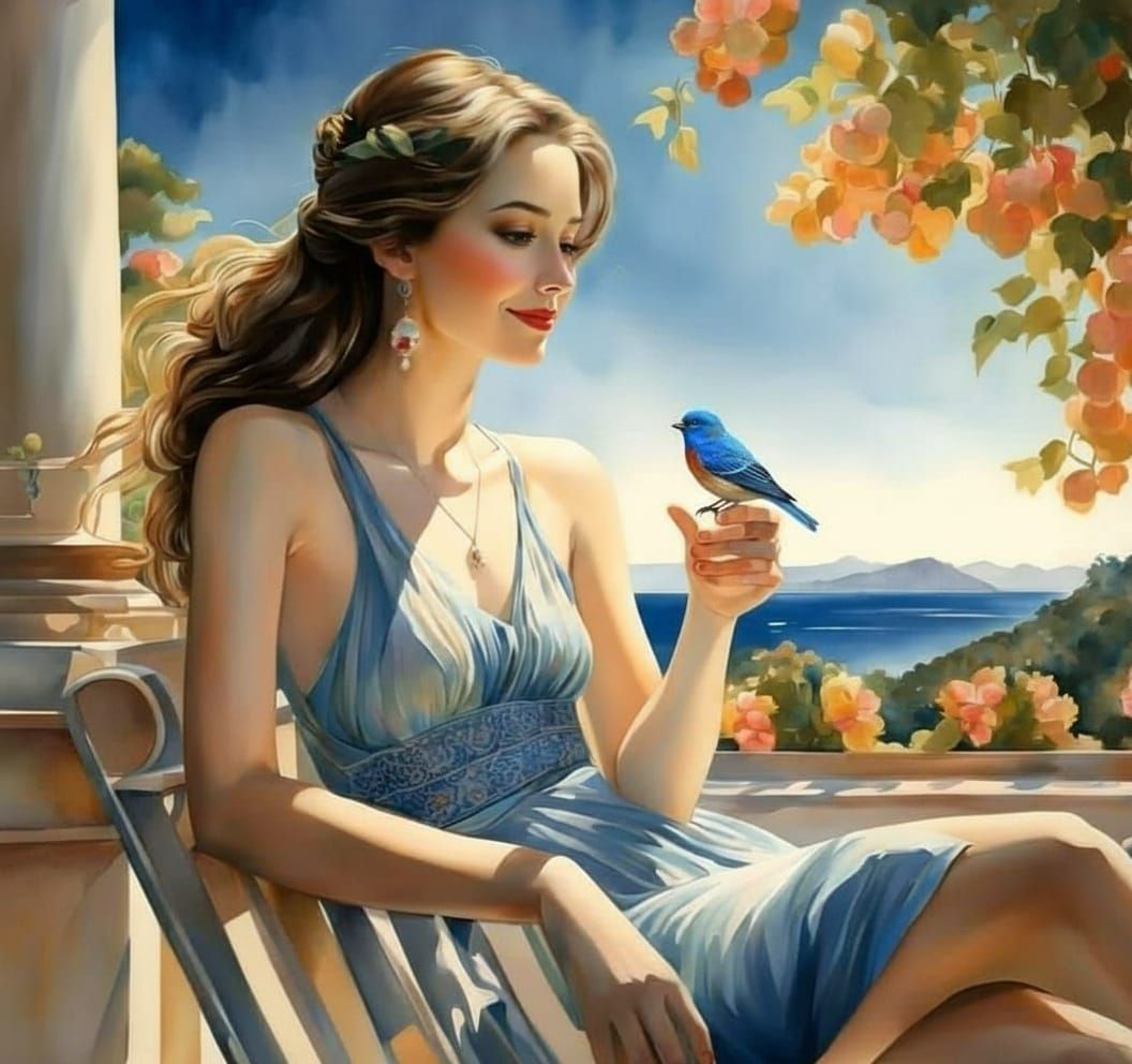 Beautiful Woman with Wine at Greek Villa