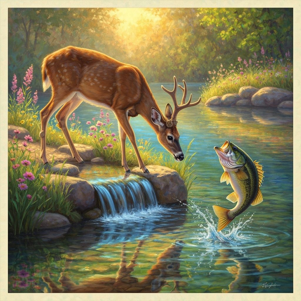 Deer Drinking at Spillway with Leaping Bass in Golden Hour L...