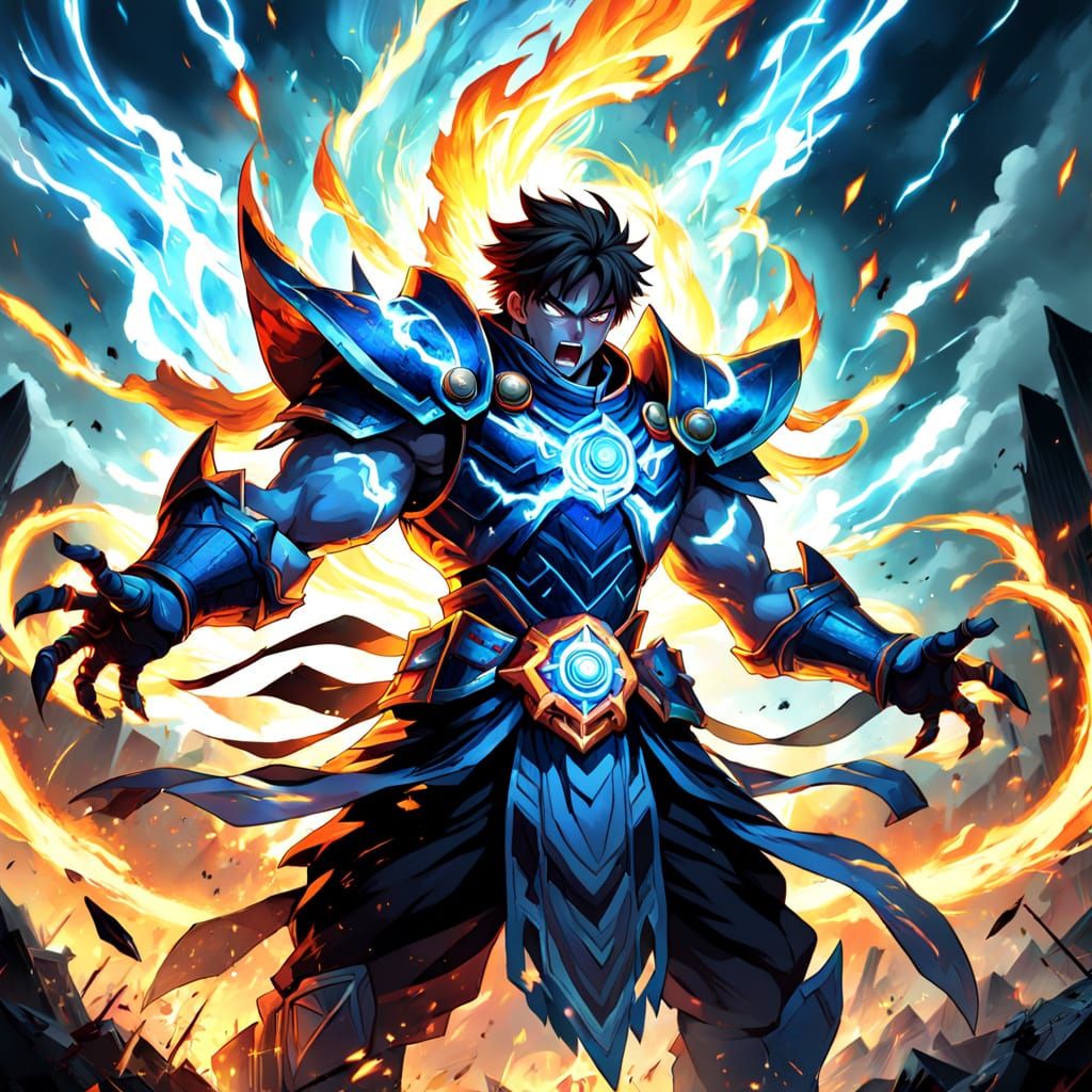 Anime Warrior Unleashes Energy Strike on Chaotic Battlefield