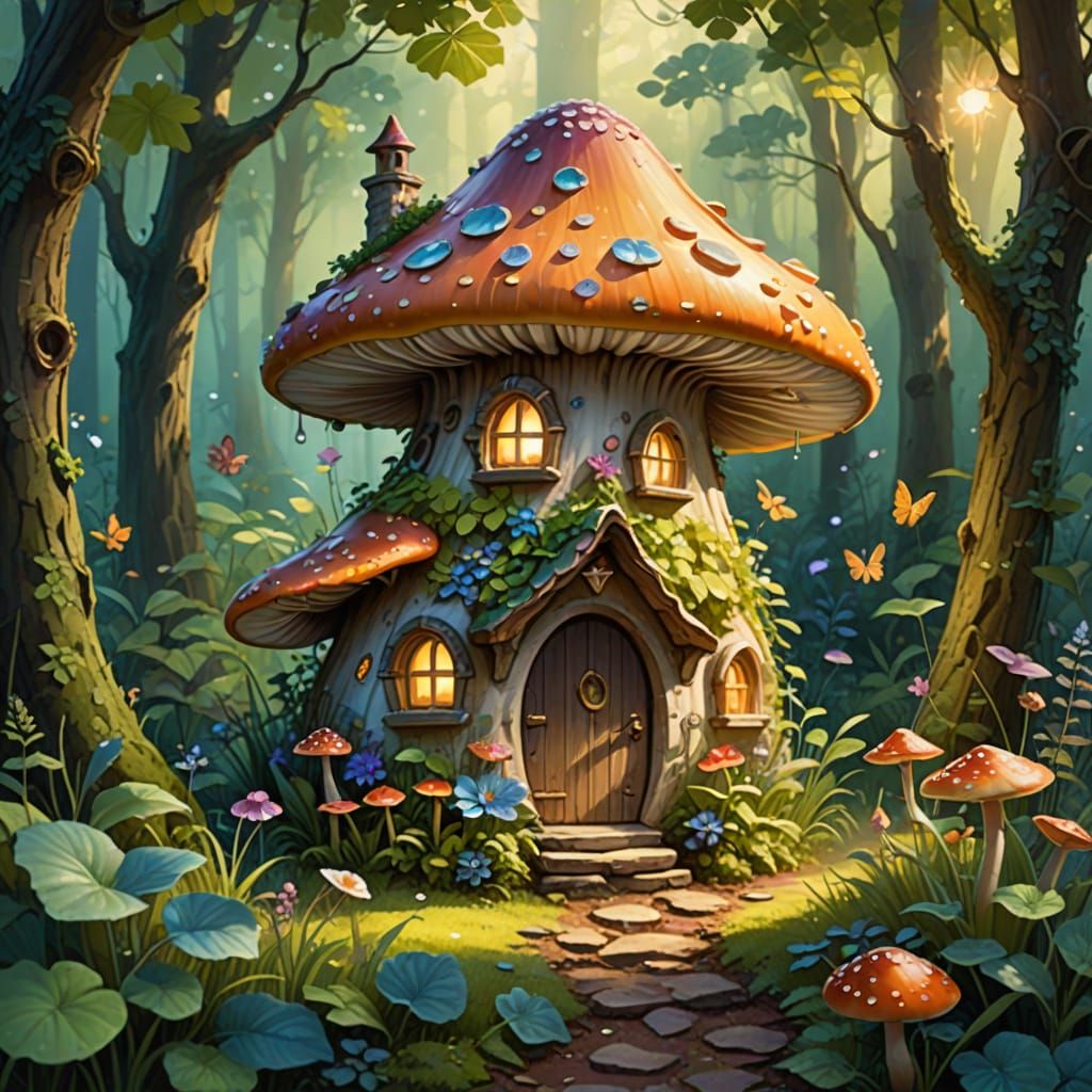 Whimsical Fairy Sits Outside Enchanted Mushroom House in Lus...