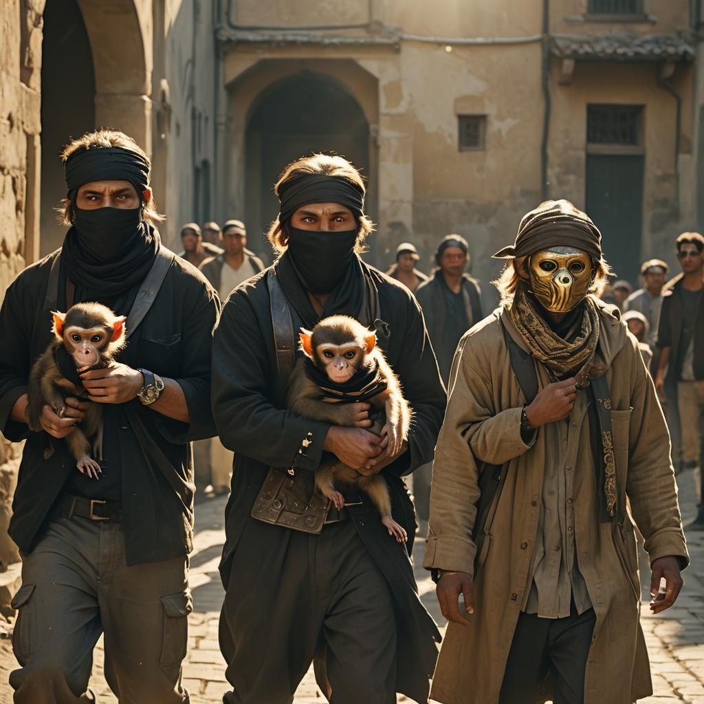 Renaissance-Style Gangsters Load Monkey in Cinematic Still