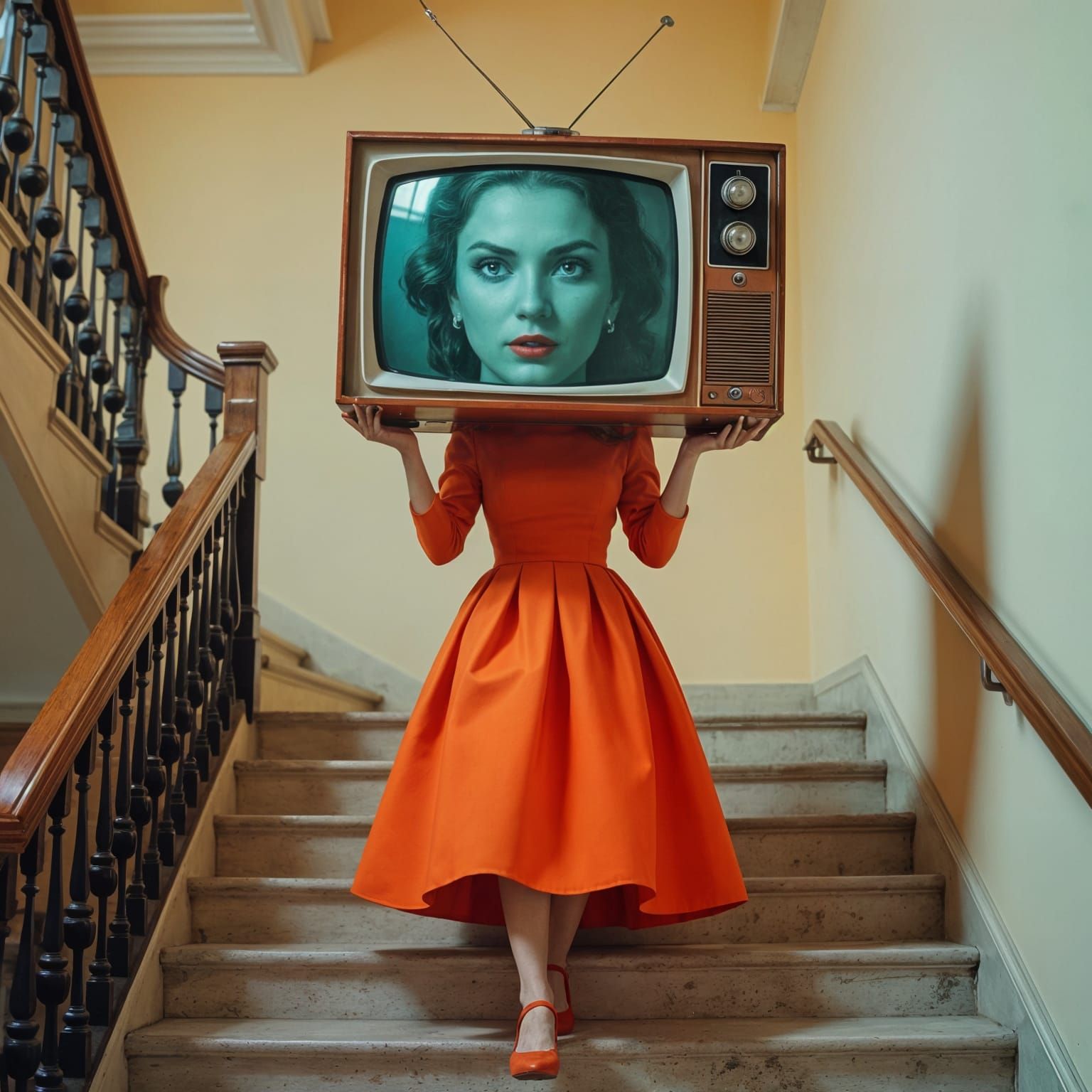 Woman in Orange Dress Carries TV Up Stairs
