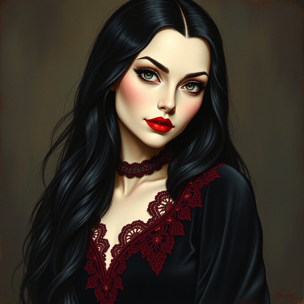 Enigmatic Morticia Addams in Gothic Romance Style