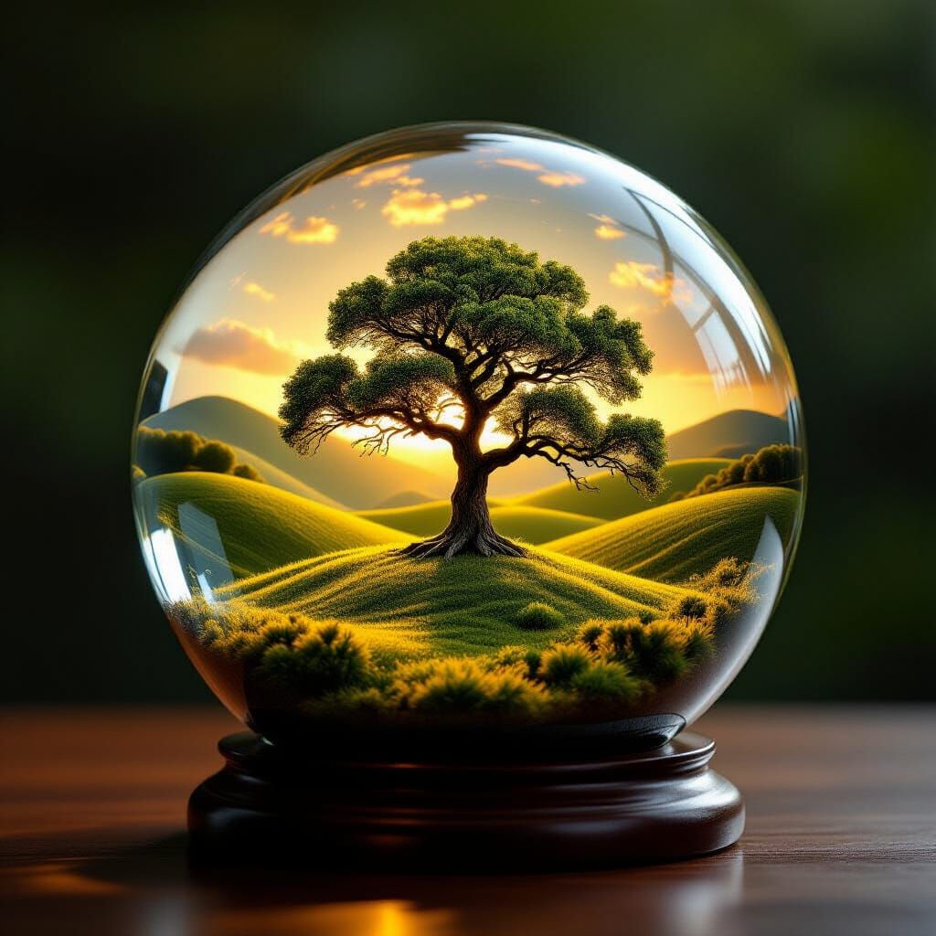 Realistic Glass Orb with Miniature Landscape and Oak Tree