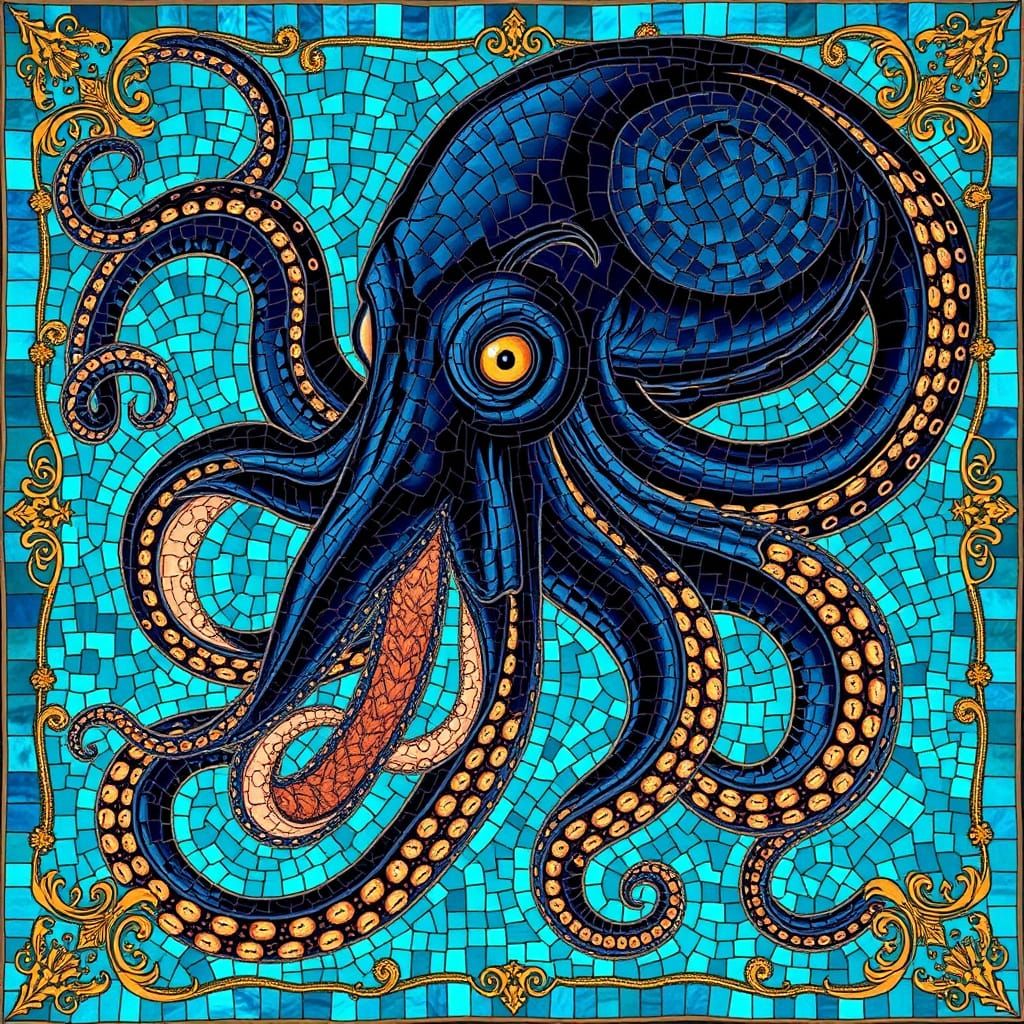 Majestic Byzantine Octopus Monster in Turquoise and Gold