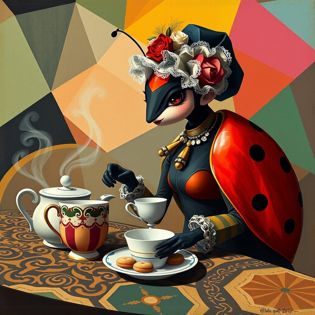 Lady Bug in Vibrant Cubist Tea Party Scene
