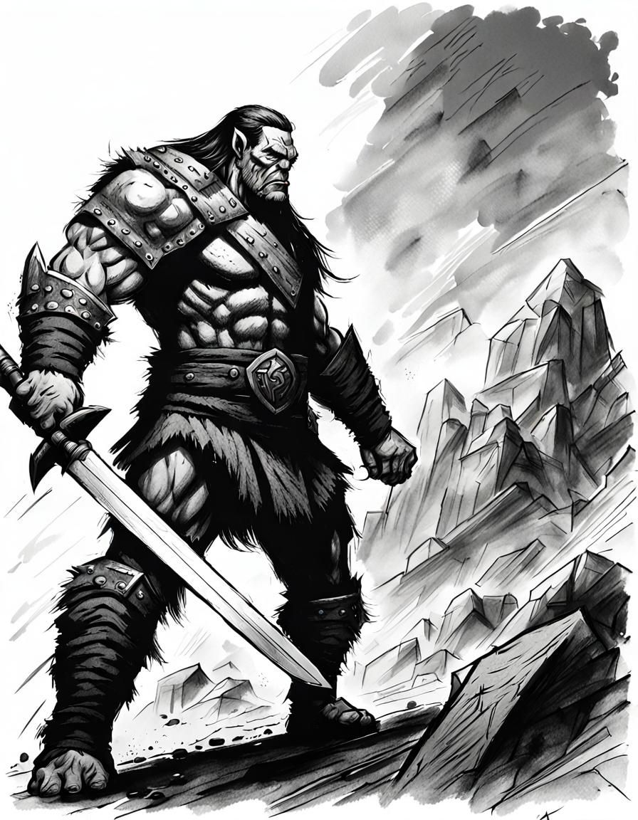 Barbarian Cleaves Orc: Comic Book Charcoal Sketch
