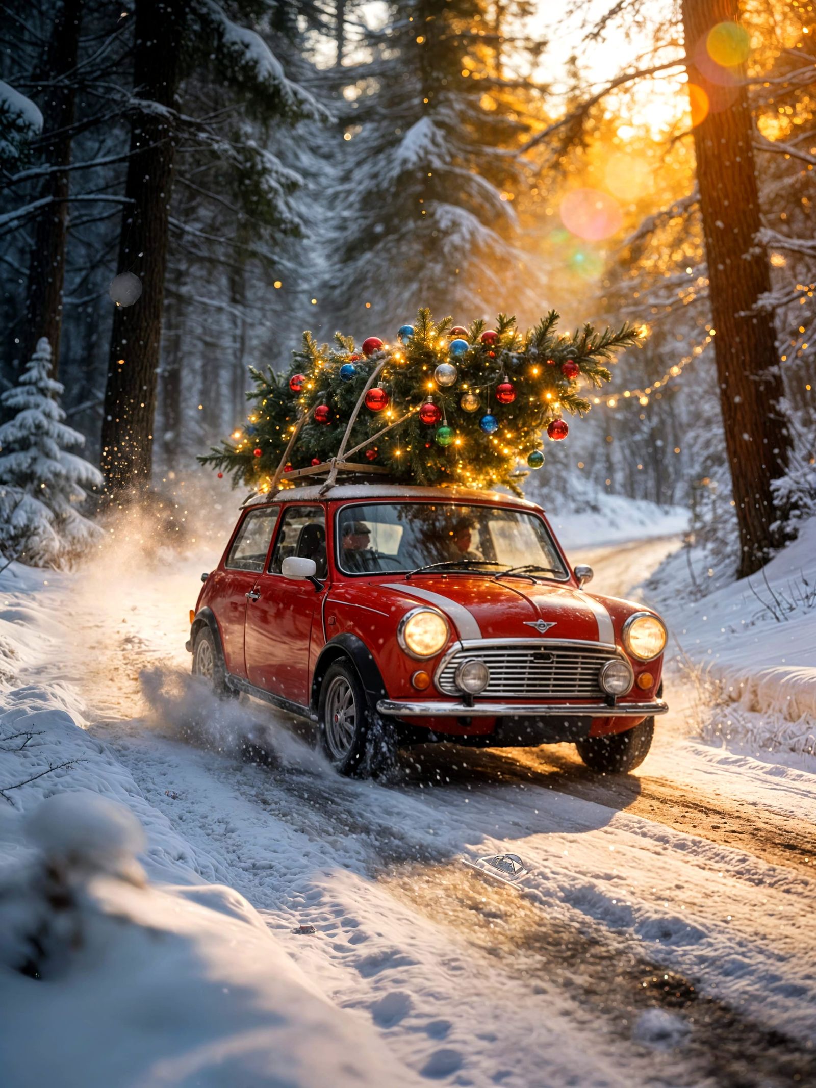 Vintage Mini Cooper Drives Through Snowy Forest for Christma...