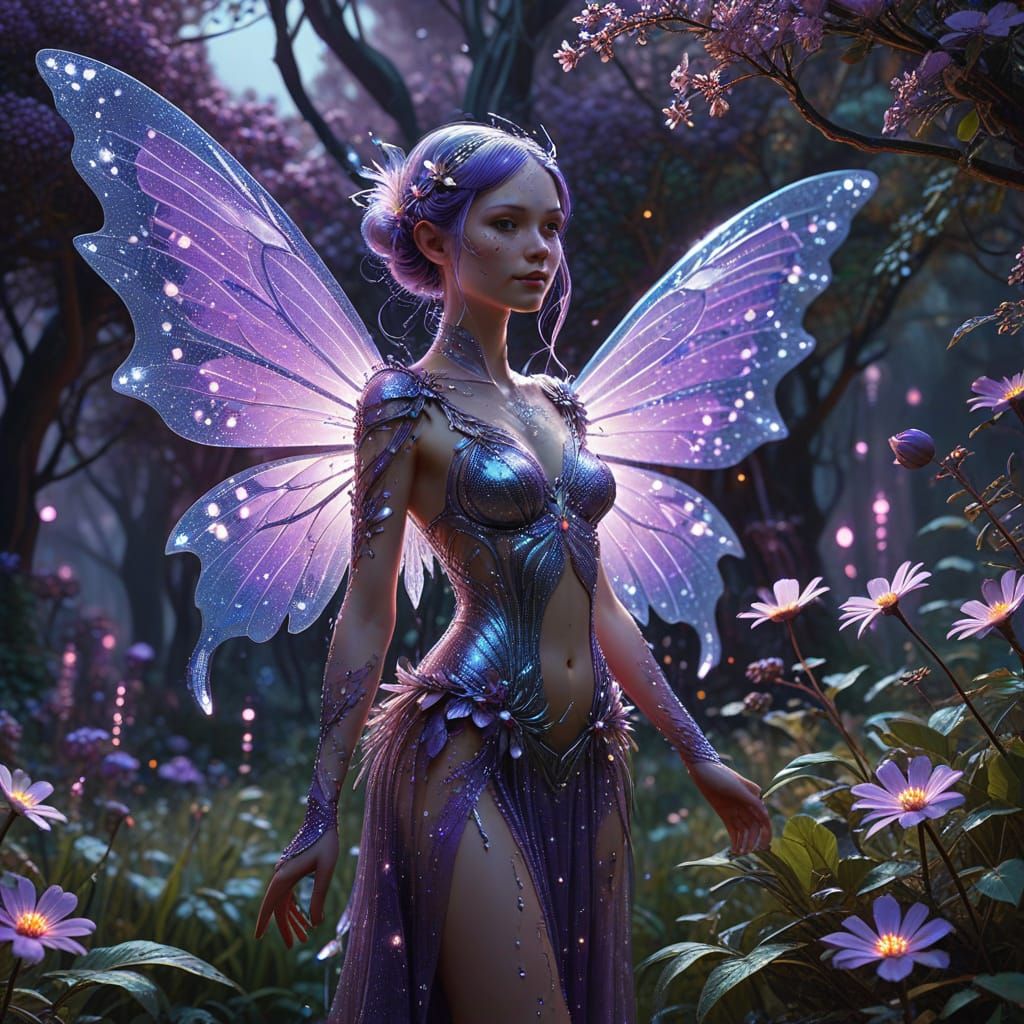 Whimsical Fairy Portrait with Flower in Silver Light
