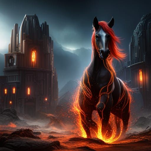 Dramatic Black Fire Horse Feng Shui Portrait