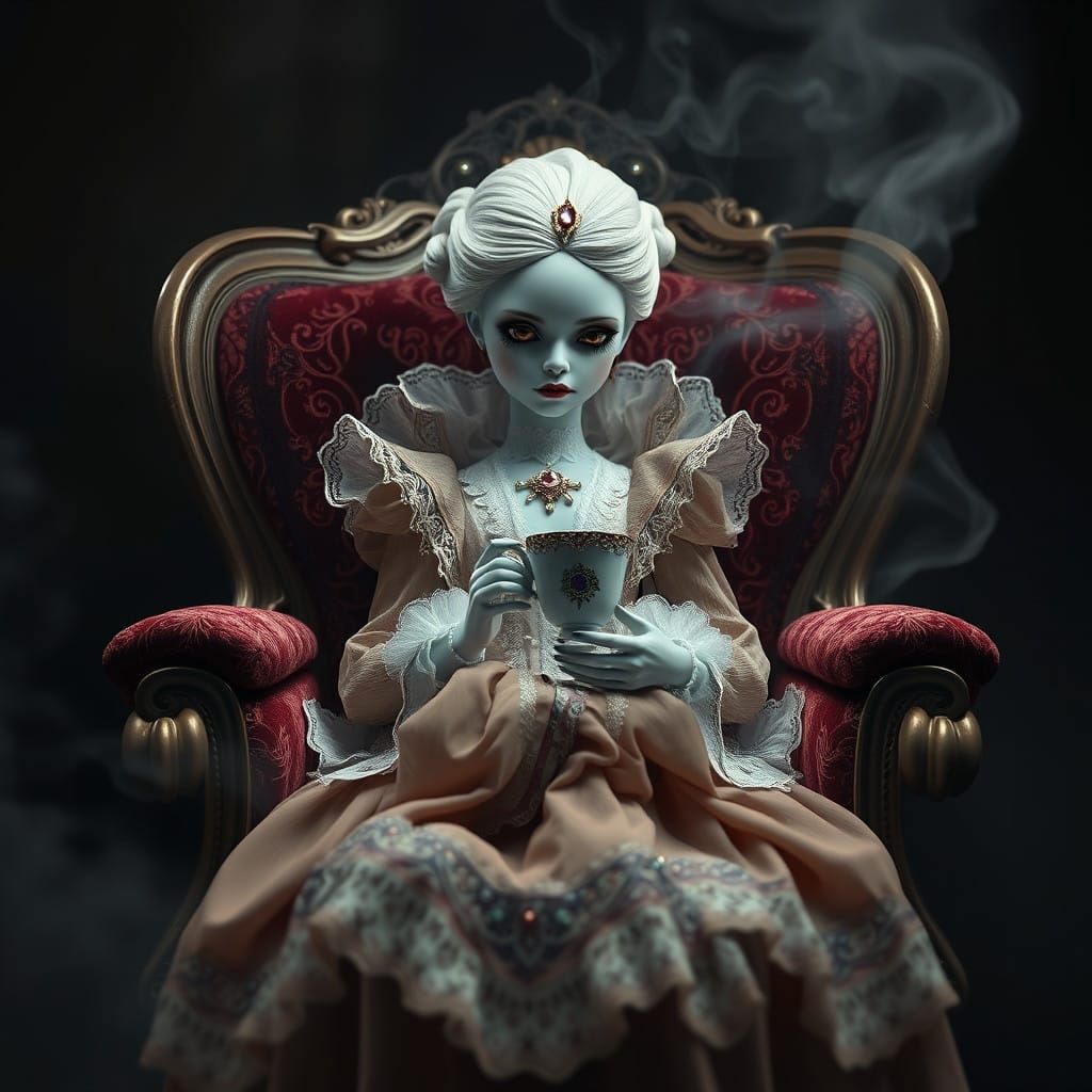 Mystical Living Doll Sits in Velvet Armchair, Cradling Teacu...