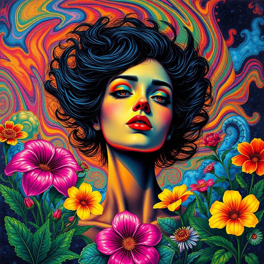 Psychedelic Woman with Swirling Aura and Flowers