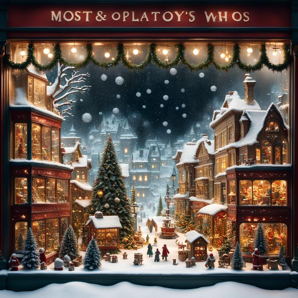 Festive Toy Shop Window on Snowy Christmas Day