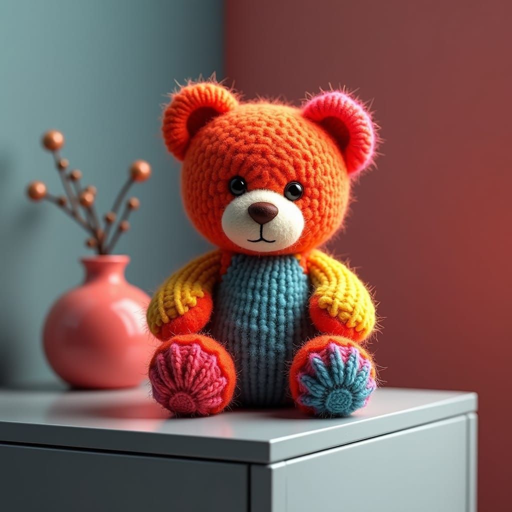 Colorful Wool Teddy Bear on Cabinet: 8K Concept Art