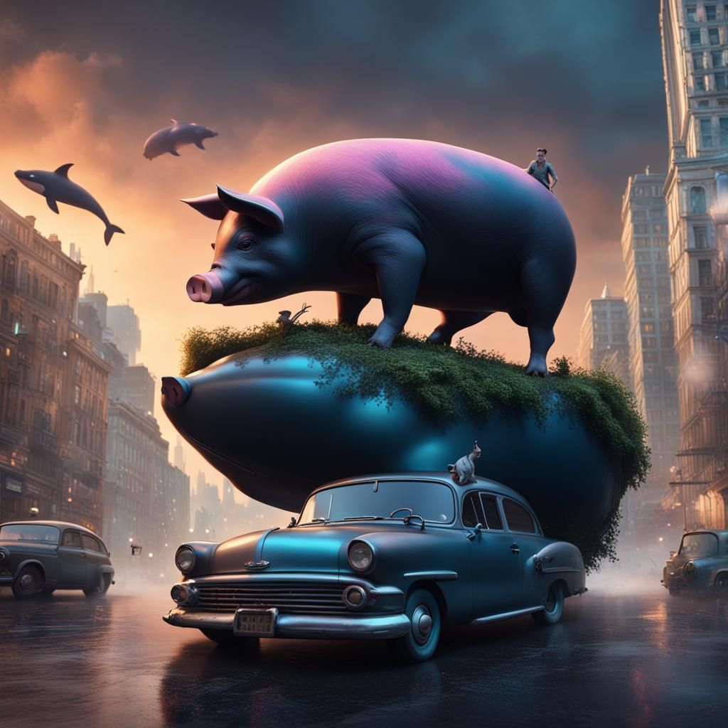 Pig Dancing on Whale in City: Fantasy Art
