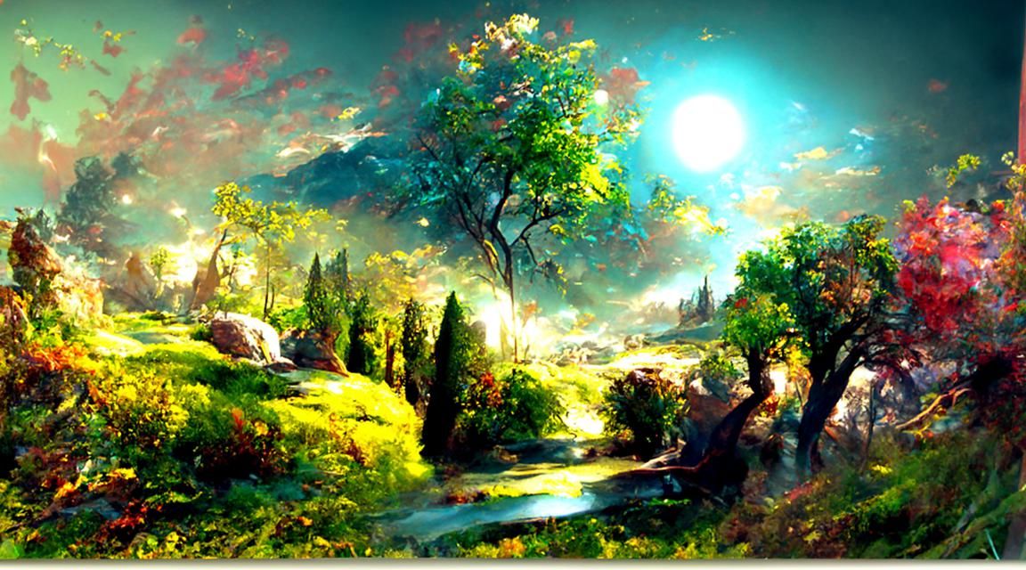 Ethereal Forest Landscape Oil Painting with Glowing Moon