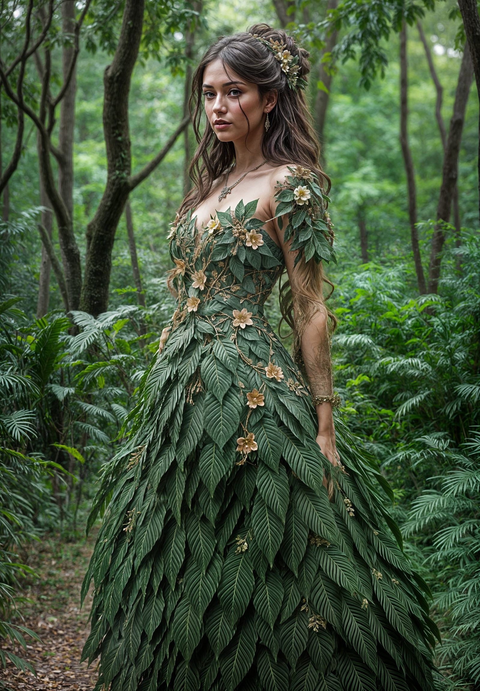 Beautiful Woman in Leaf Dress in Detailed Forest