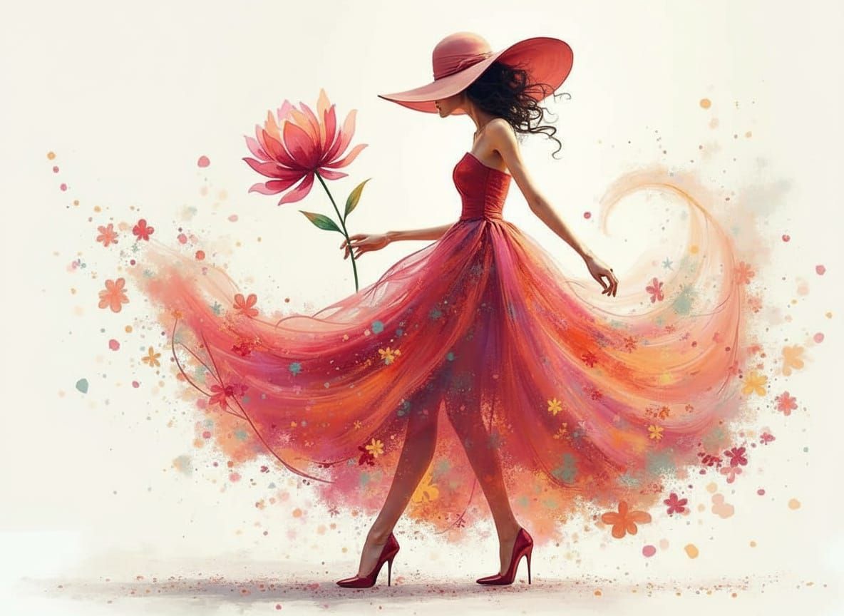 Elegant Woman in Floral Swirls and Heels