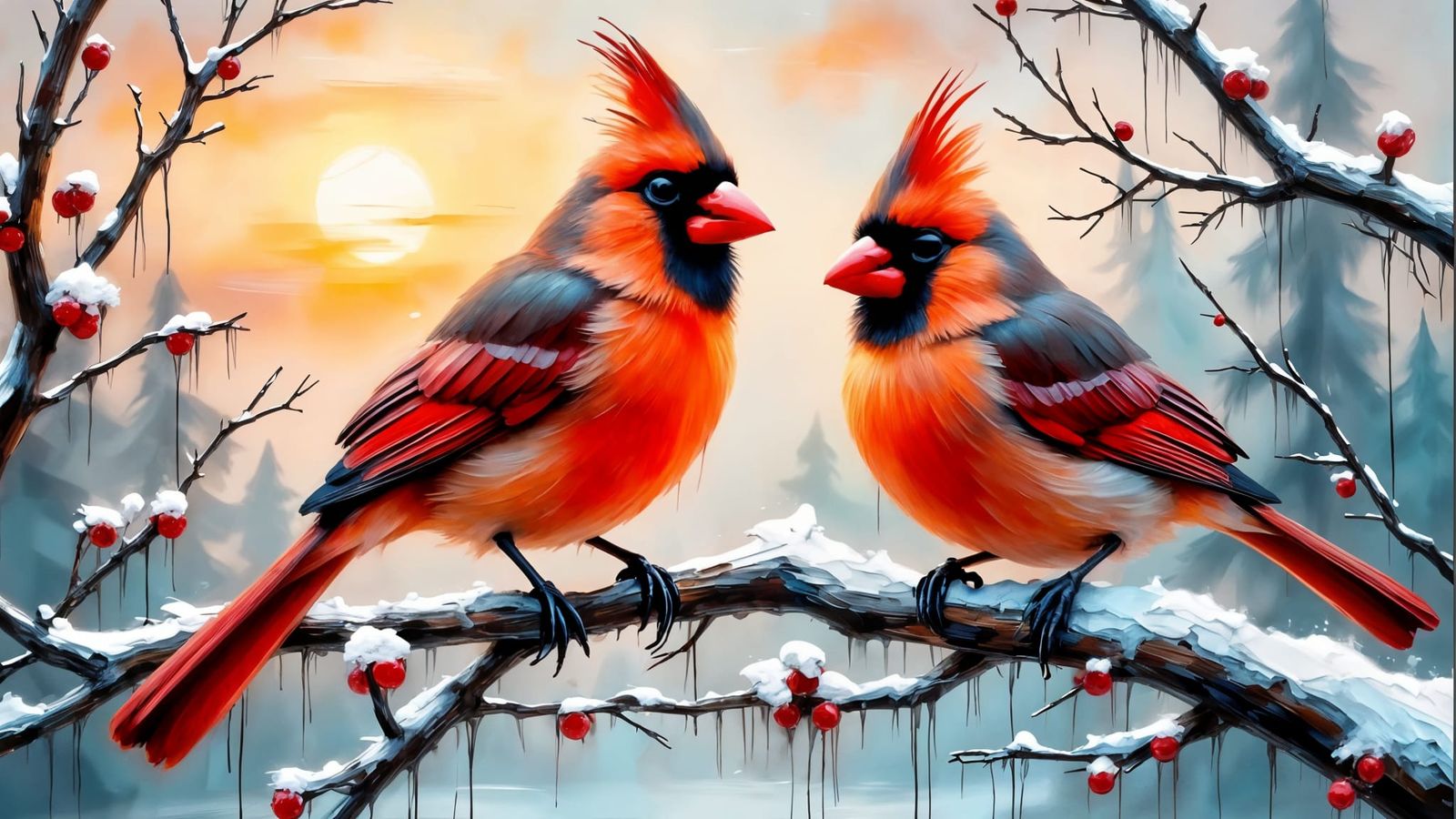 Vibrant Cardinals Amidst Winter's Serene Sunset
