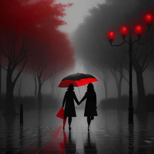 People in Rainy Park: Black, White and Red Splash Art