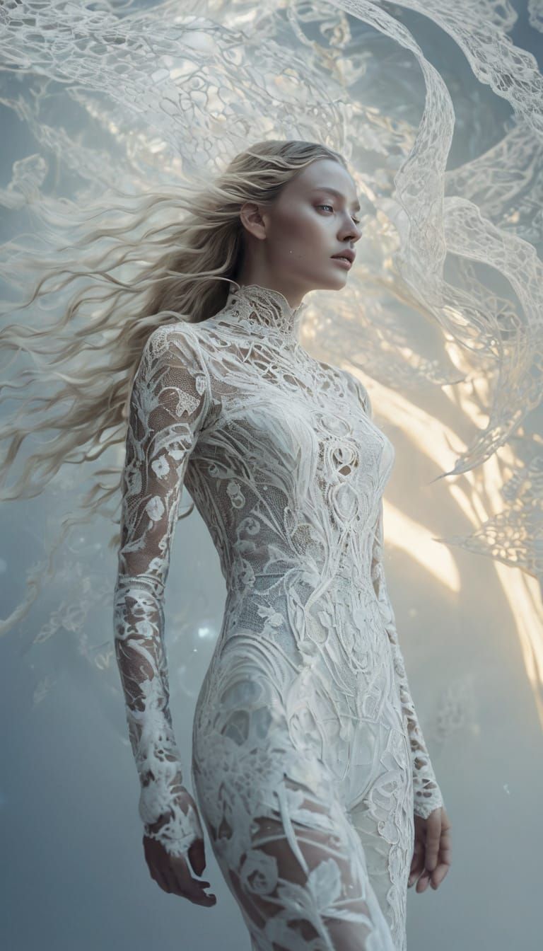 Surreal Celestial Spirit with Delicate Silver Etchings