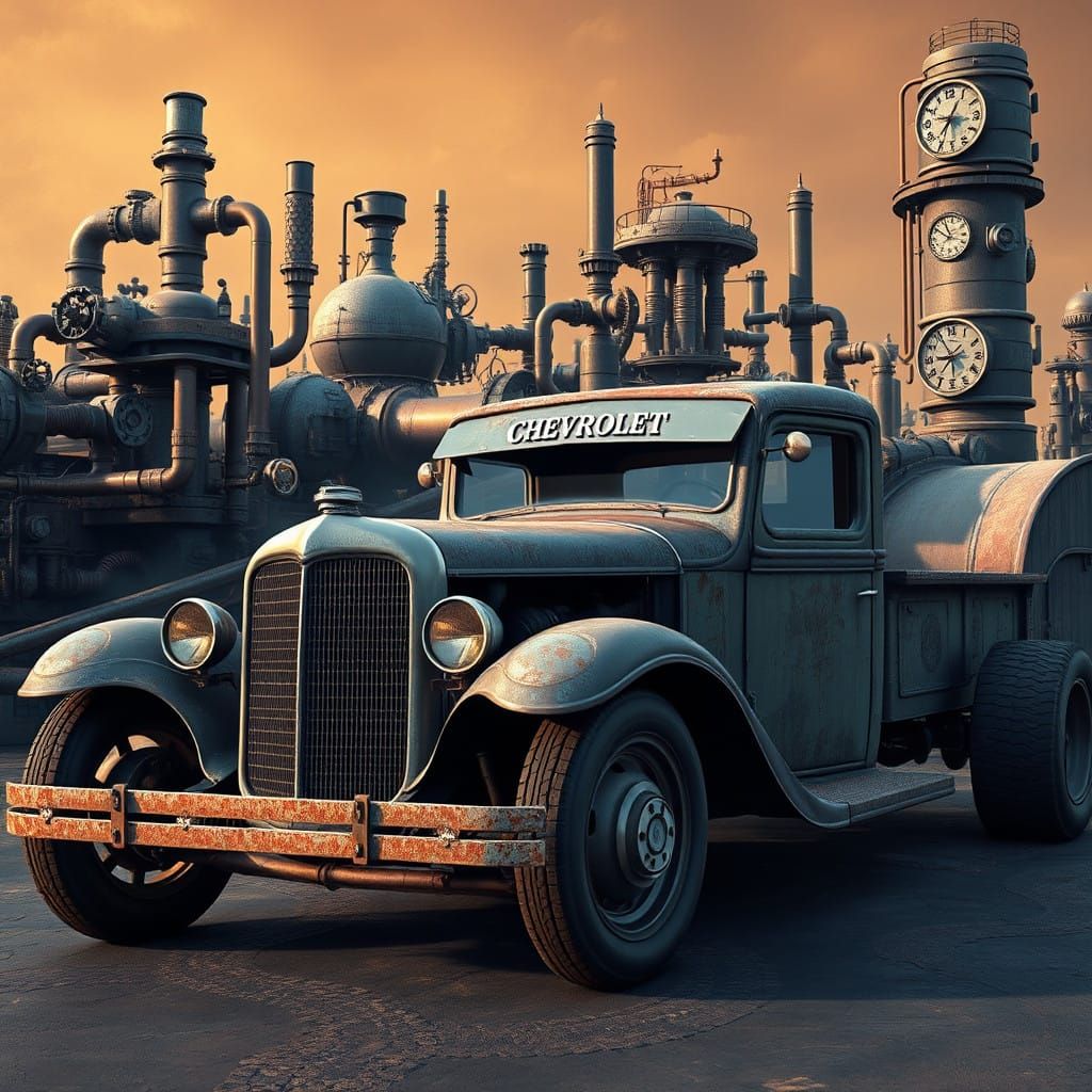 Vintage Rat Rod Truck Meets Steampunk Machinery in an Indust...