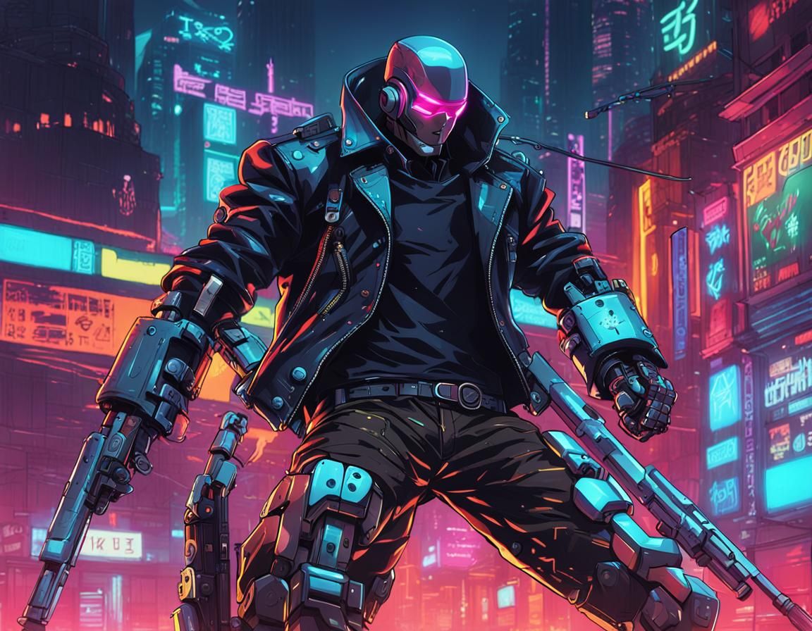 Cyberpunk Robot in Neon Cityscape, Cel-Shaded Anime Style
