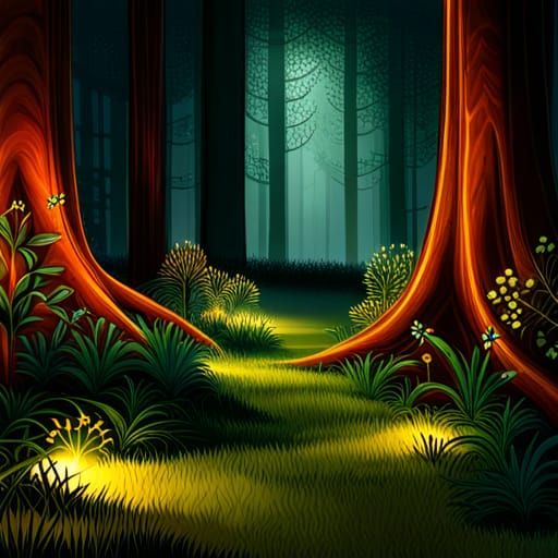 Twilight Enchanted Forest with Fireflies