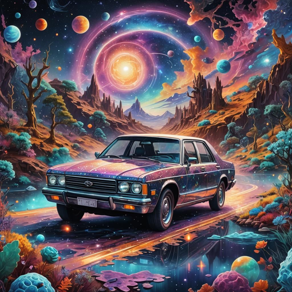 Holographic Astral Car in Cosmic Illustration Style