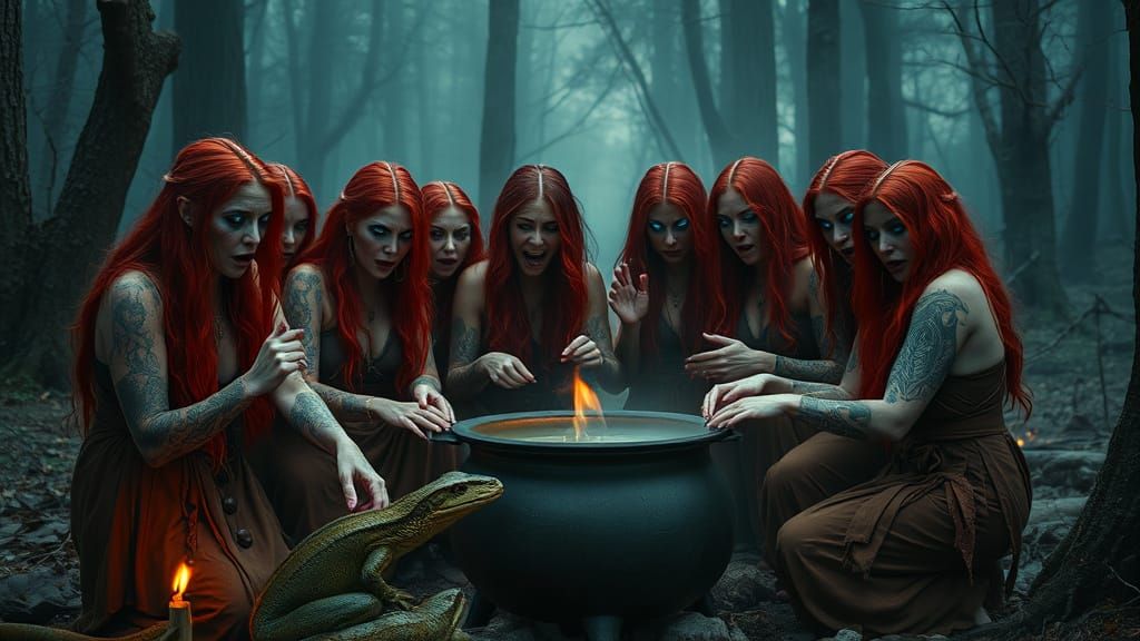 Mystical Witches Gather in a Haunting Forest Glade
