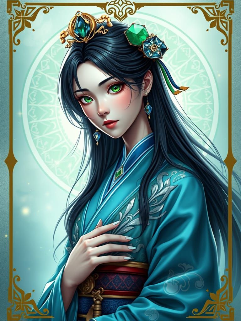 The Enigmatic Asian High Priestess in Blue Kimono