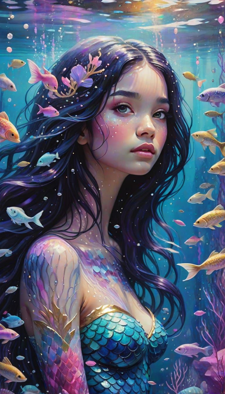 Surreal Mermaid Dreamscape with Glittering Golden Accents