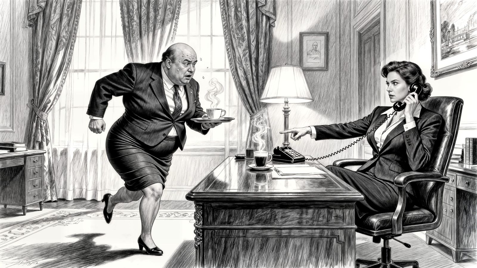 Absurd Office Role-Swap: Boss in Heels, Secretary in Charge