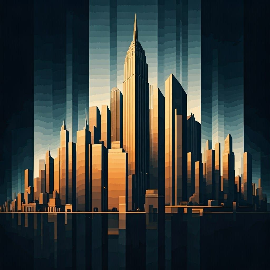 Geometric Cityscape in Precisionist Style with Metallic Hues