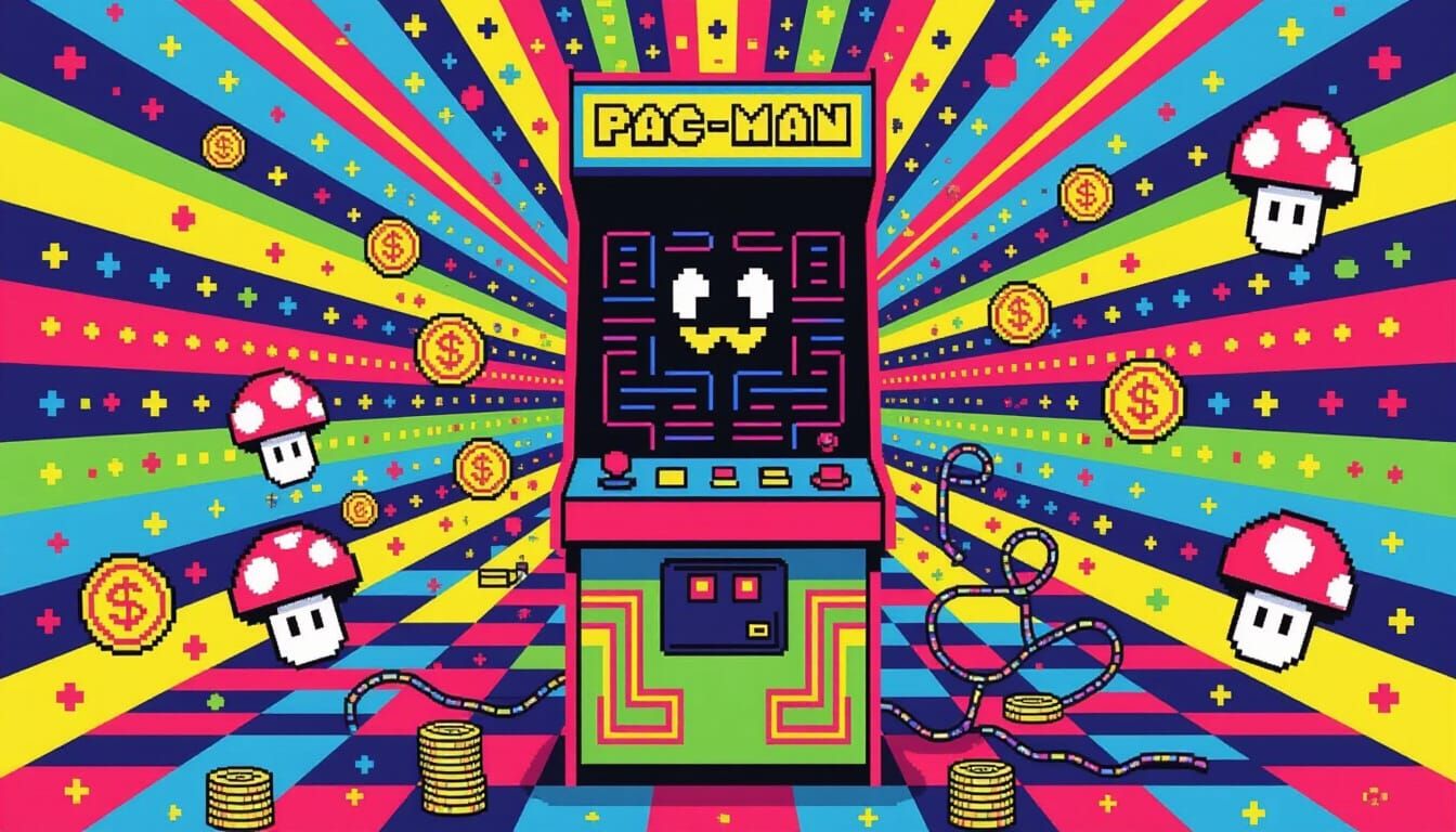 Memphis Style Arcade Cabinet with Retro Game Elements