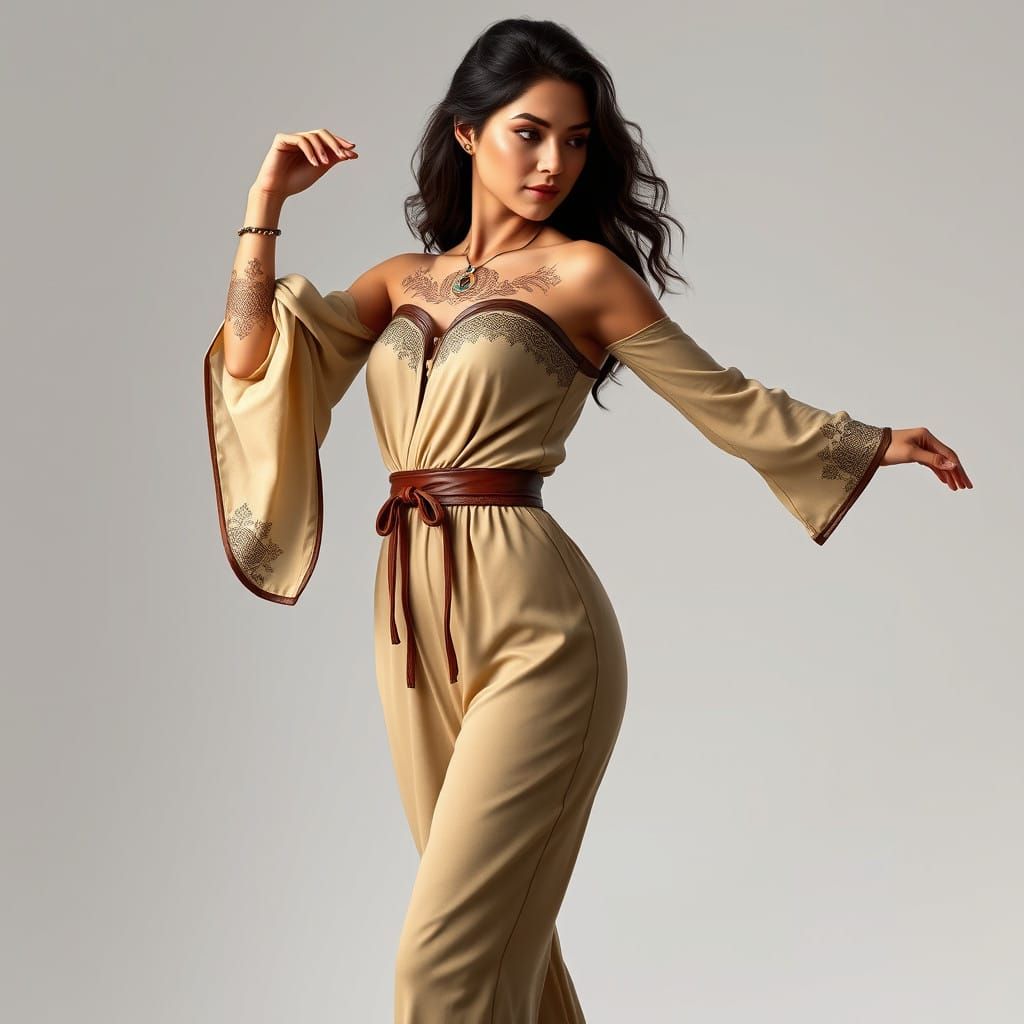Elegant Woman in Greek-Inspired Jumpsuit