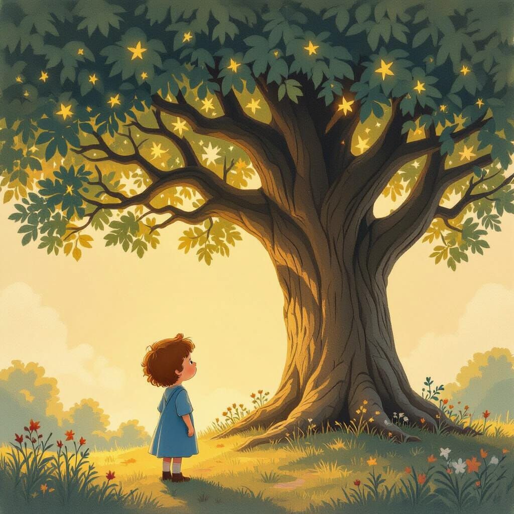 Child Under Magical Glowing Tree in Dreamy Children's Book A...